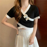 V-Neck Short Sleeve Cropped Slim Shirt